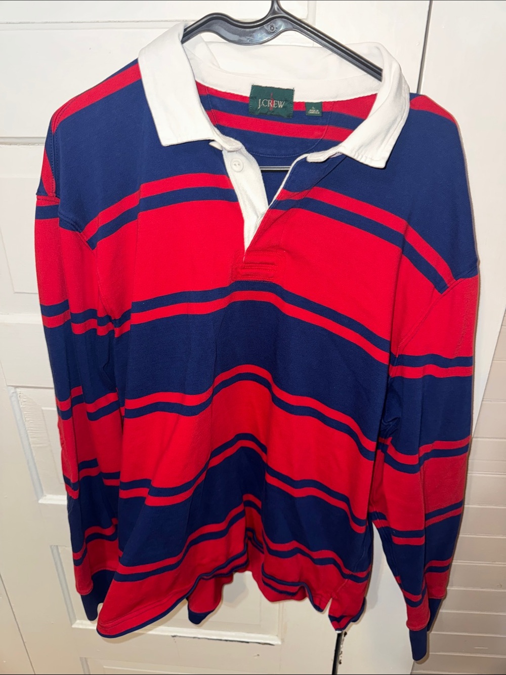 J. Crew Men’s Red and Navy Striped Rugby Polo White Collar Long Sleeve L VTG